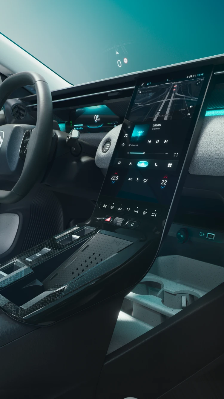 Innenraum-Frontansicht ë-C5 Aircross präsentiert Waterfall-Screen-Technologie, Sicherheit, Konnektivität und verbesserten Fahrkomfort