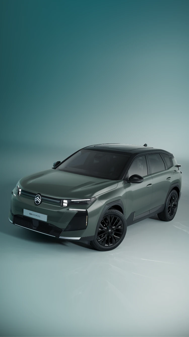 Dreiviertel-Frontansicht ë-C5 Aircross zeigt Matrix-LED-Beleuchtung, Sicherheit, Sichtbarkeit und verbessertes modernes Design